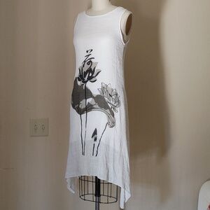 Korean Made White Summer Gauze Dress With Painted Flowers Size S